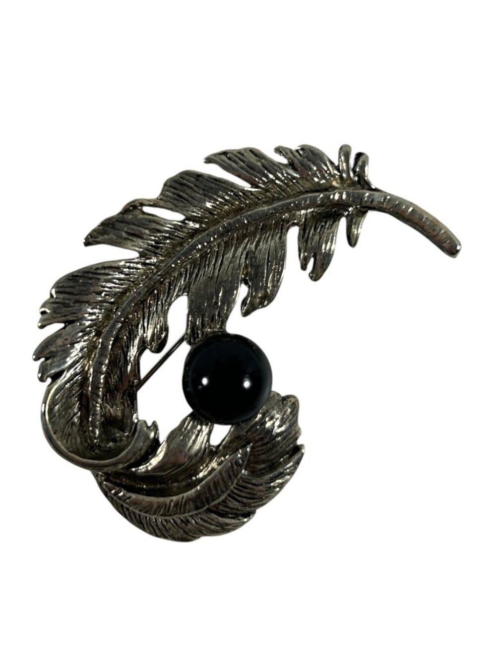 Vintage Large Silver Tone Feather Plume Swirl Brooch Black Cabochon Pin